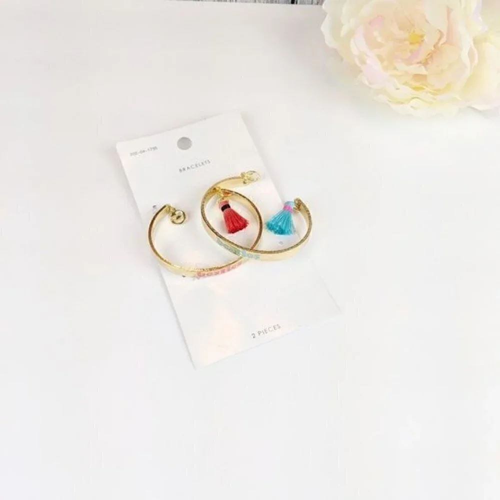 Besties Gold Pink‎ Blue Cuff Bracelets set with Tassels